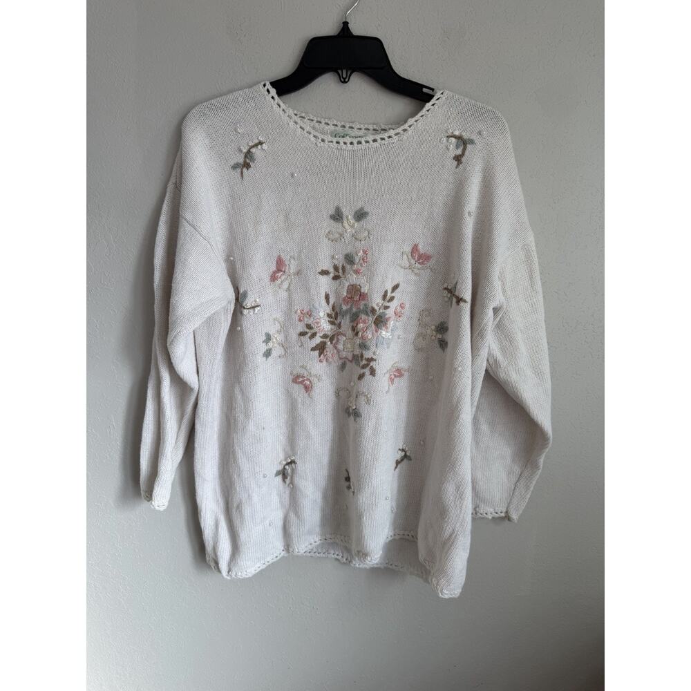 Vintage Colleens Collectables Cream Floral Embroidery Sweater Women L Grannycore
